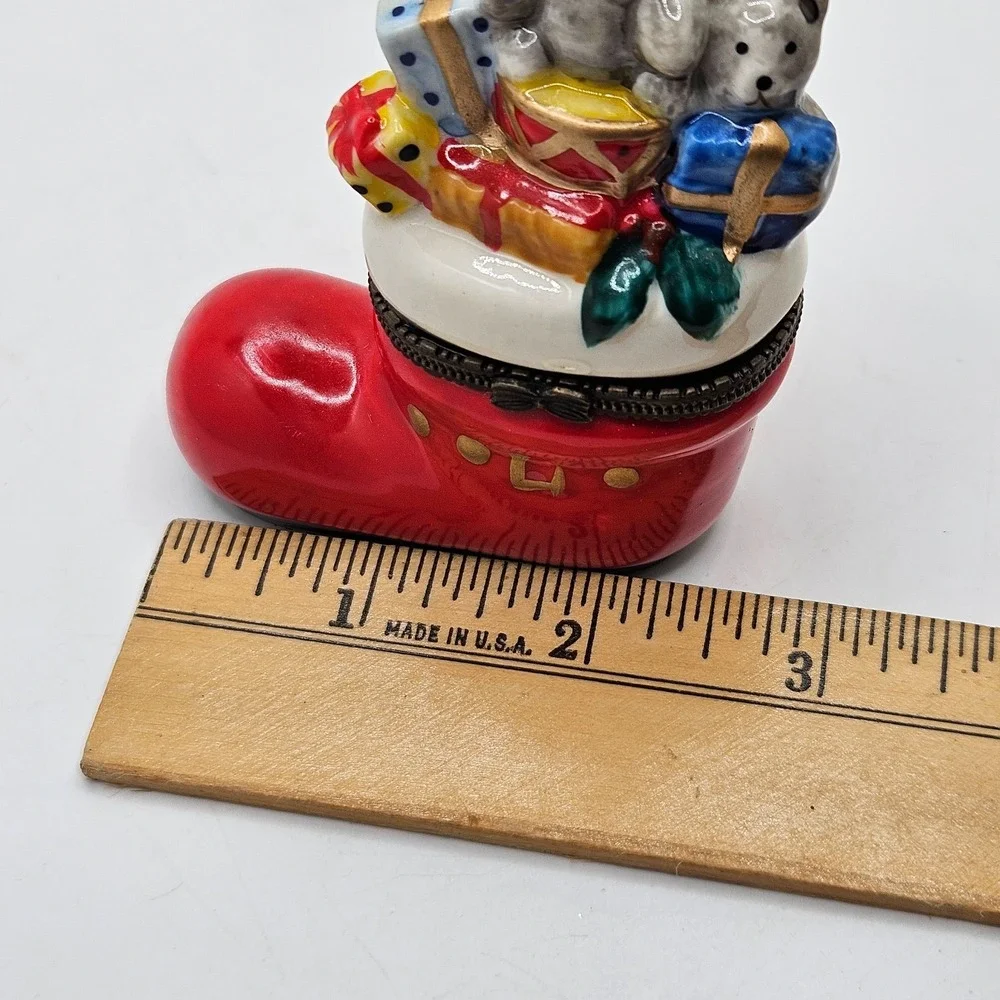 VTG Christmas Stocking Trinket Box Teddy Bears Gifts Hinged Ceramic Mini Present